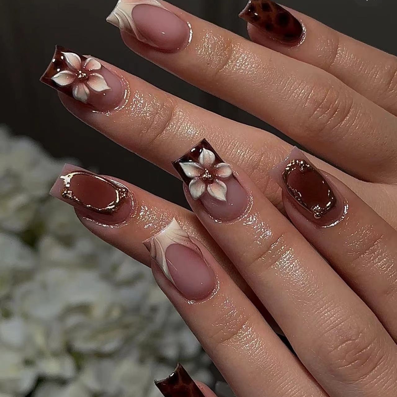 Pressed Flower Frame - Short square fake nails for women