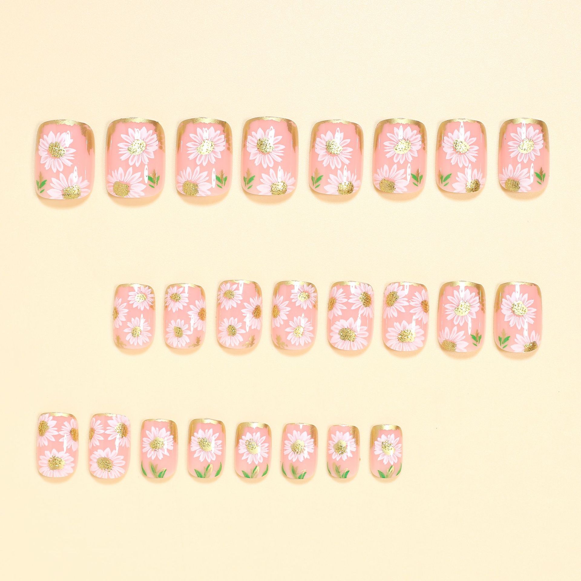 Short Square Fake Nails Golden - Pressed Flower Frame 评论和价格