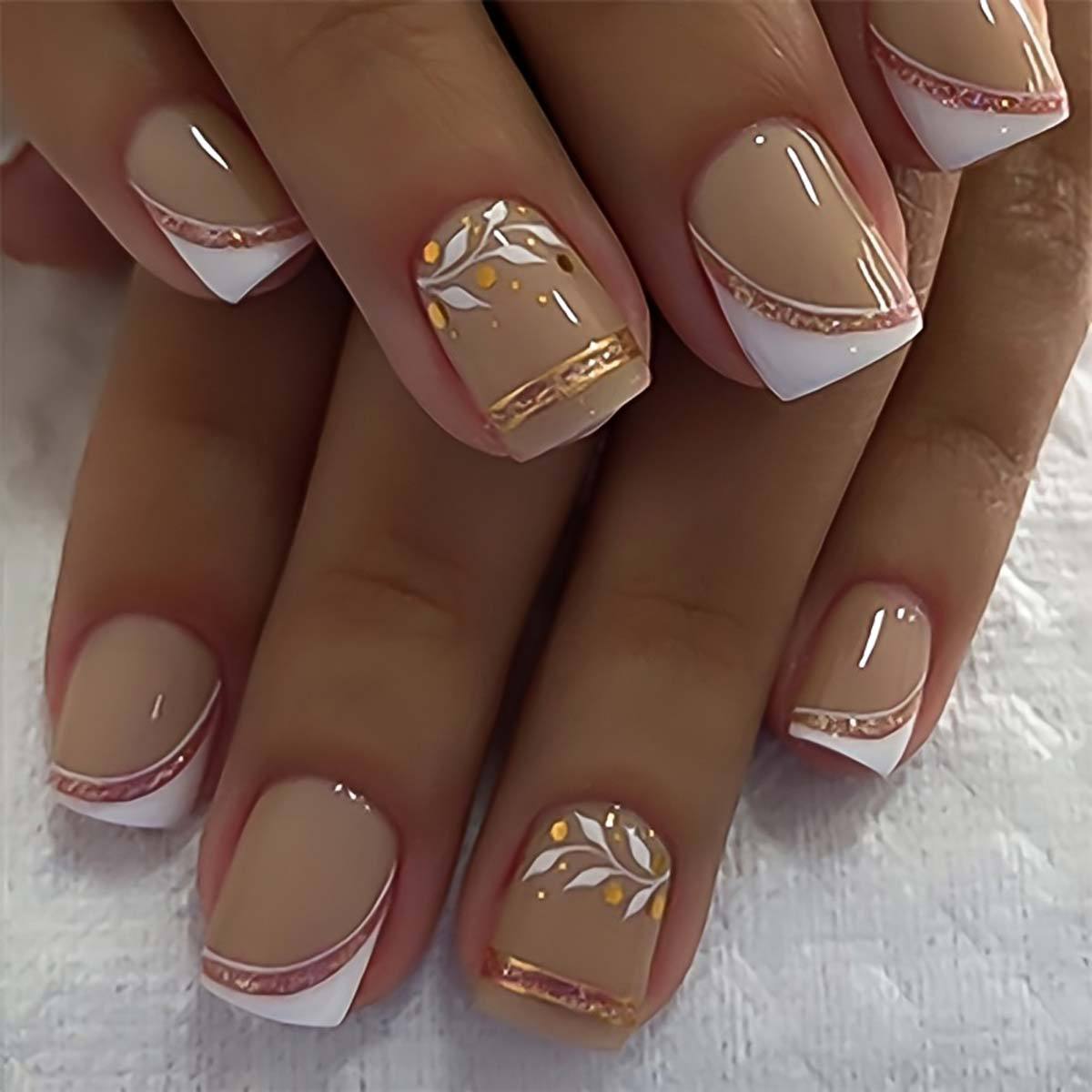 Short Square Fake Nails Golden - Pressed Flower Frame 评论和价格